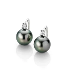 Gellner Ørepynt>Ørepynt, Tahitiperler 9-10 mm og diamanter 0,12 ct